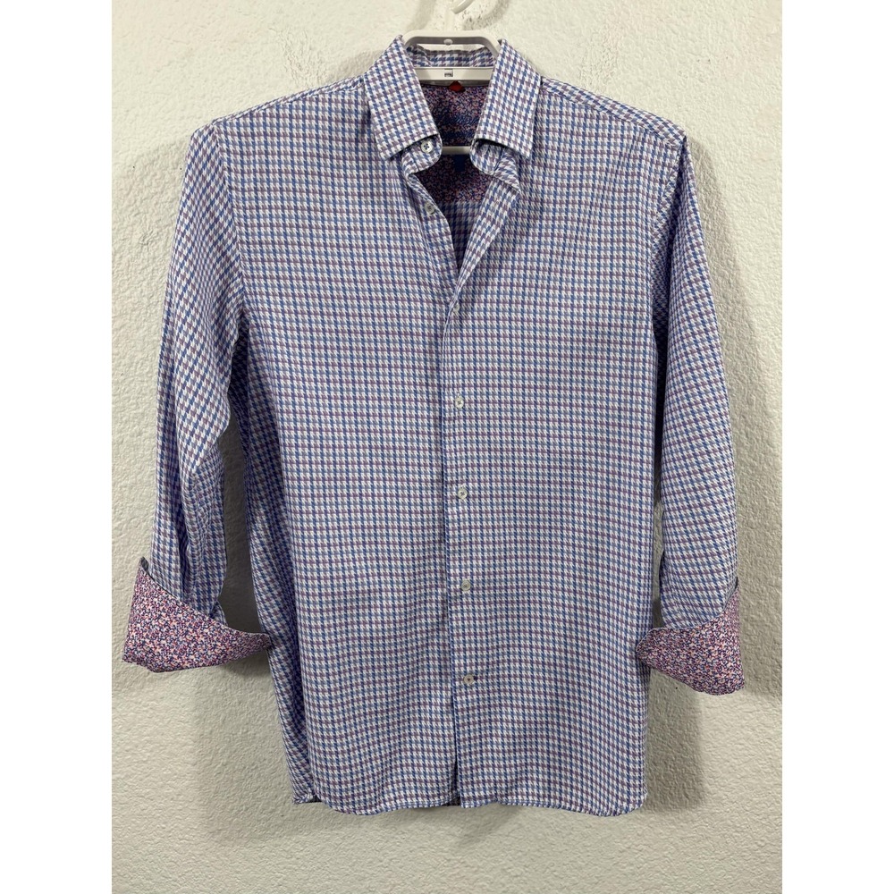 Luchiano Visconti Shirt Mens Small Blue Purple Check Flip Cuff Long‎ Sleeve